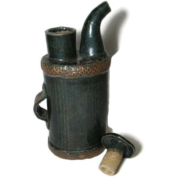 Green Glazed Teapot with Mushroom Lid Studio Art Pottery Unusual Style - Picture 2 of 12